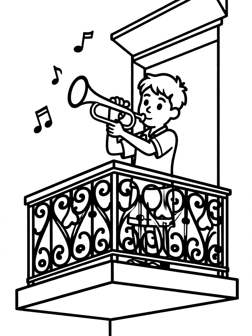 Trumpeter on New Orleans balcony with ironwork