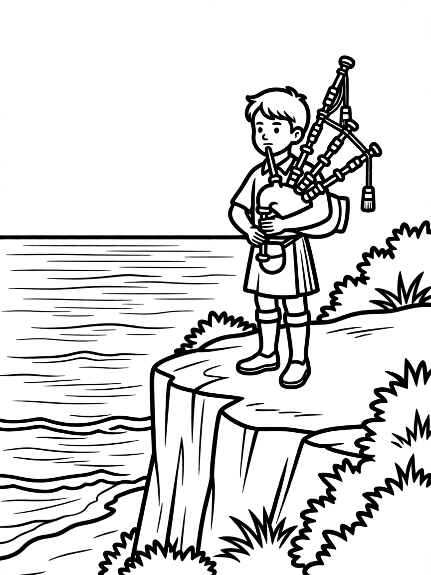 Bagpiper on Scottish cliff with ocean view
