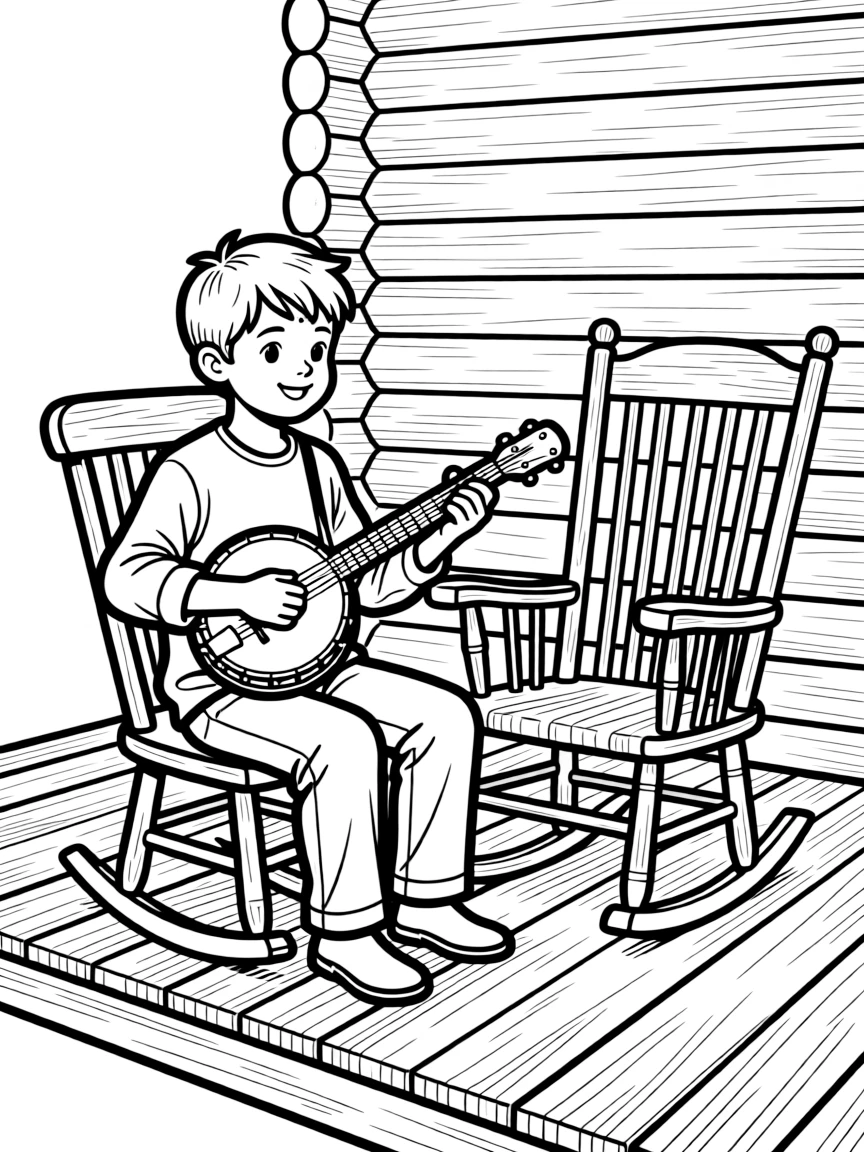 Banjo player on rustic cabin porch with rocking chair