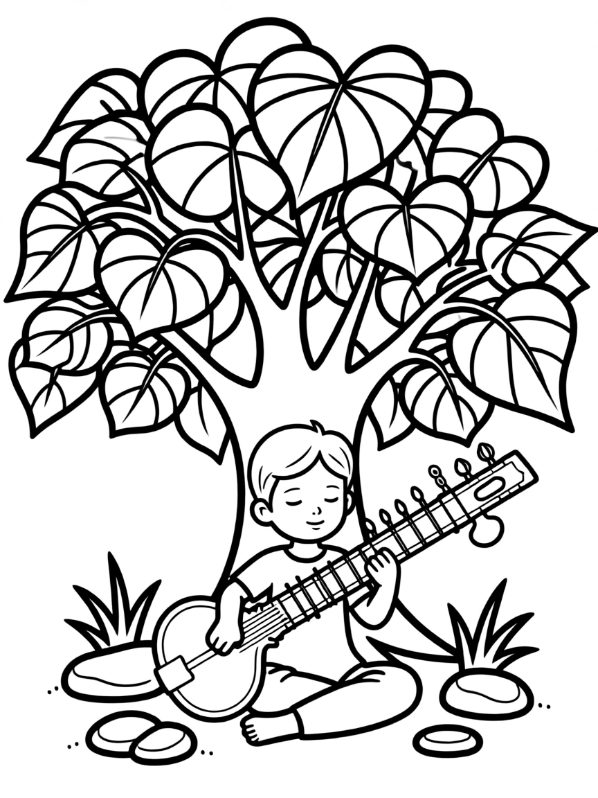 Sitar player beneath Bodhi tree with meditation scene