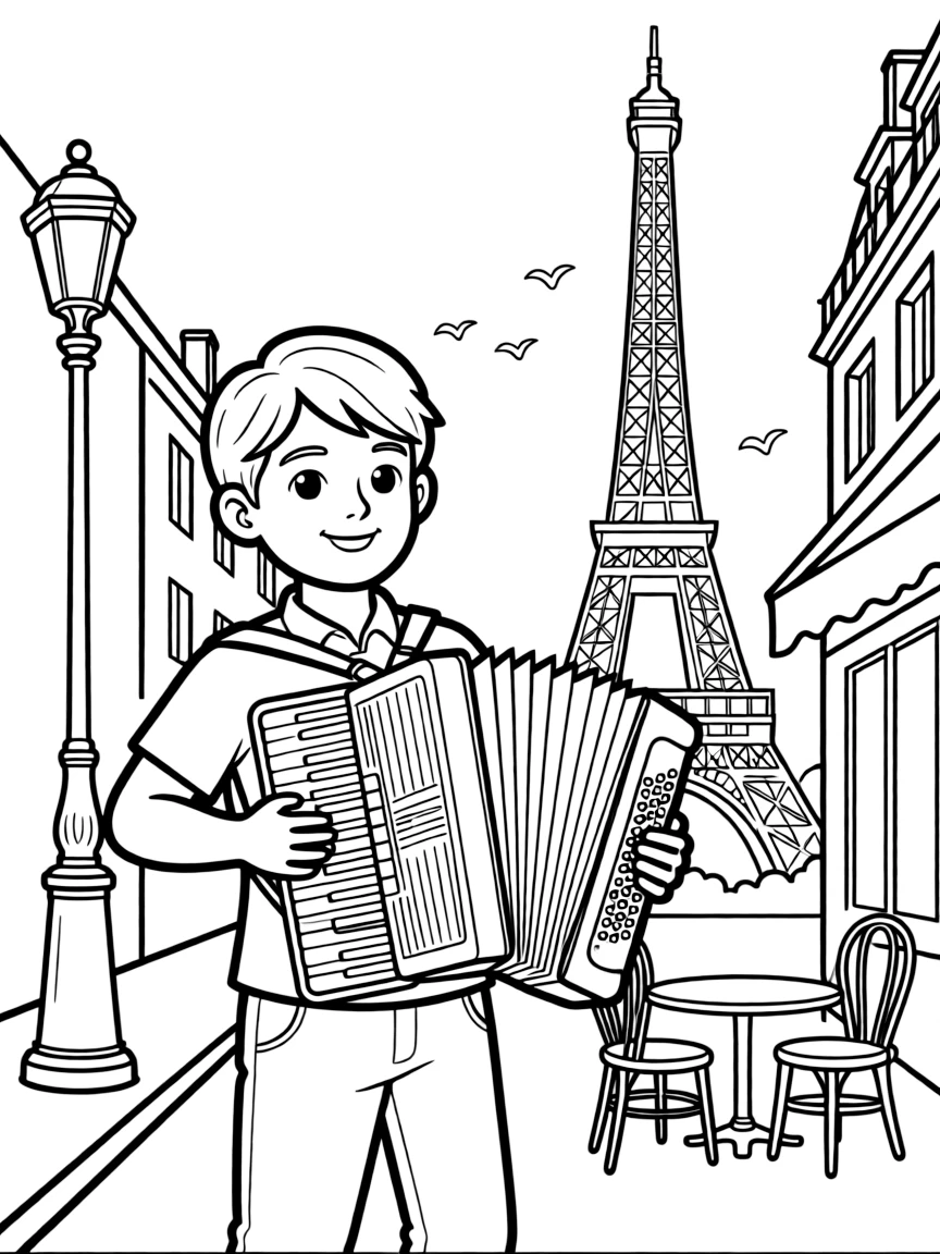 Accordion player on Paris street with Eiffel Tower