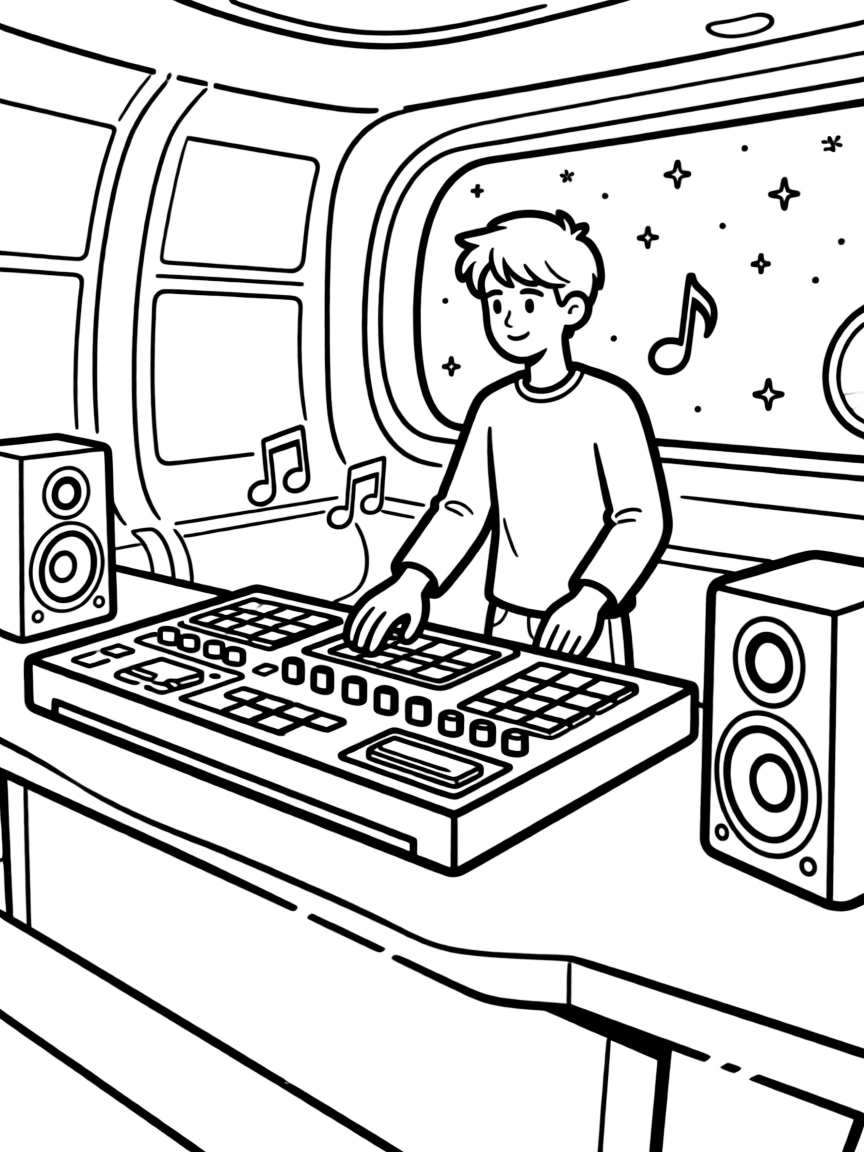 Electronic musician in spaceship studio