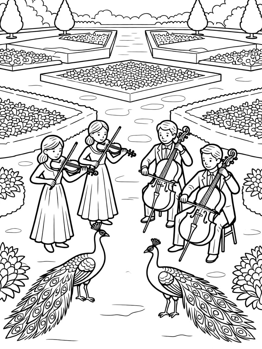 String quartet in formal garden with peacocks