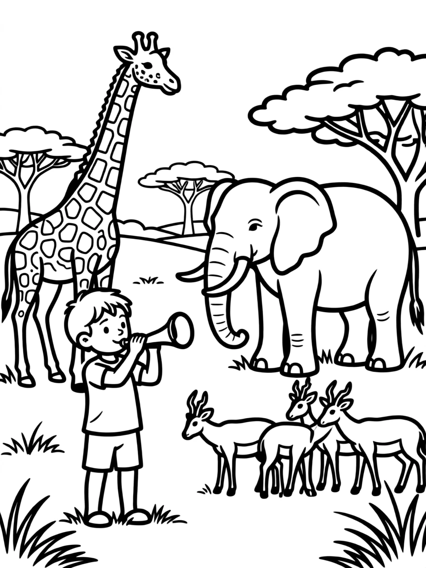 Horn player on African savanna with wildlife