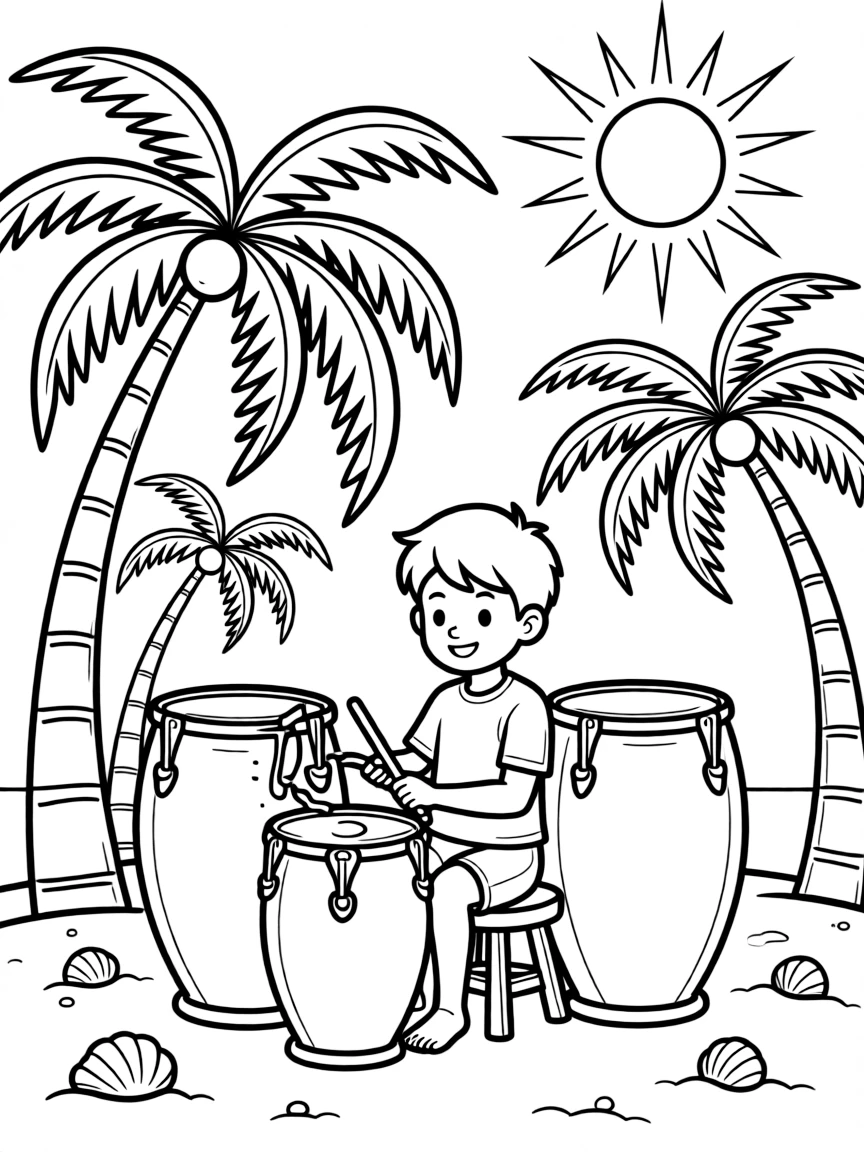 Drummer on tropical island with palm trees