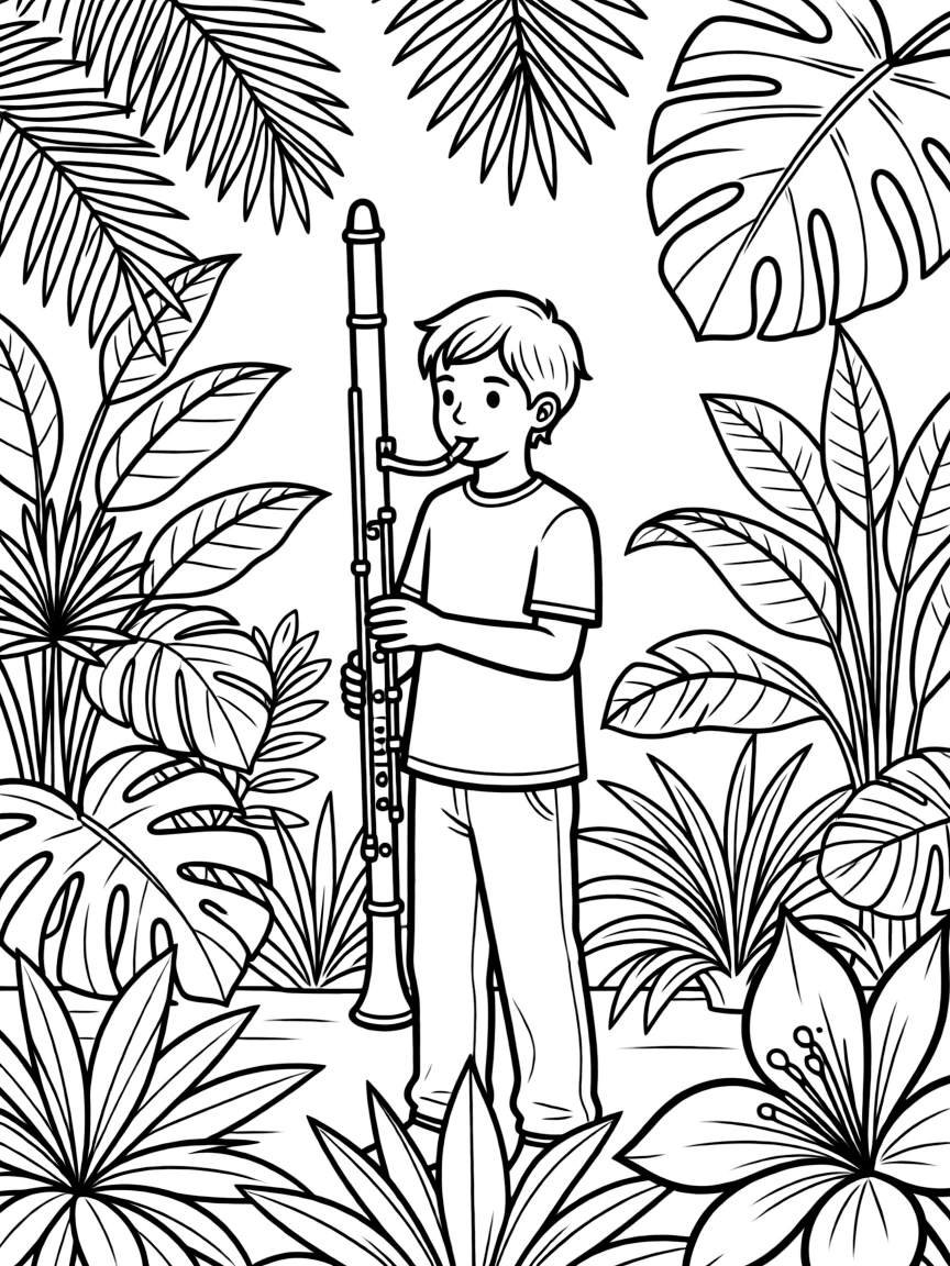 Bassoon player in botanical garden with exotic plants