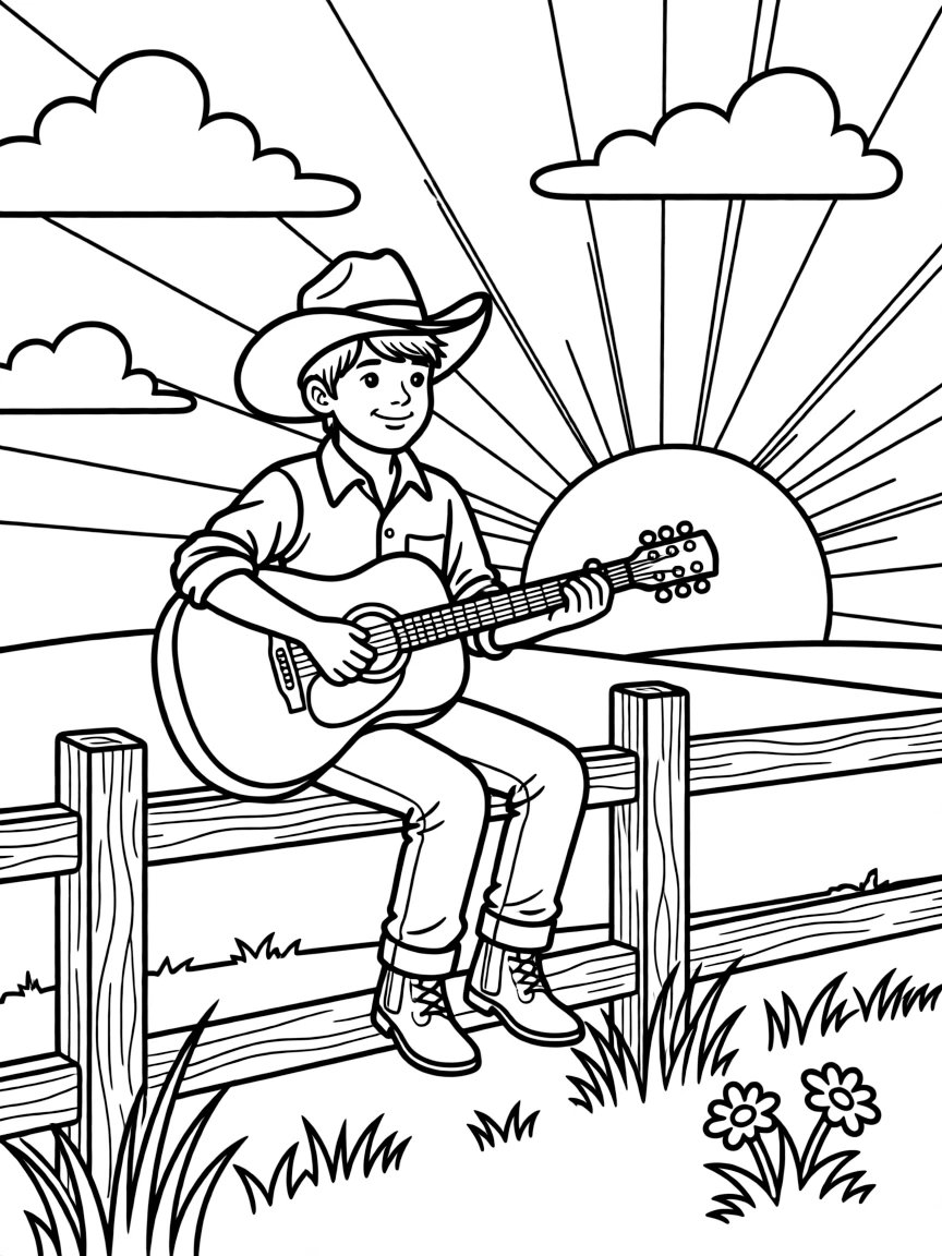 Country singer on rural fence with sunset