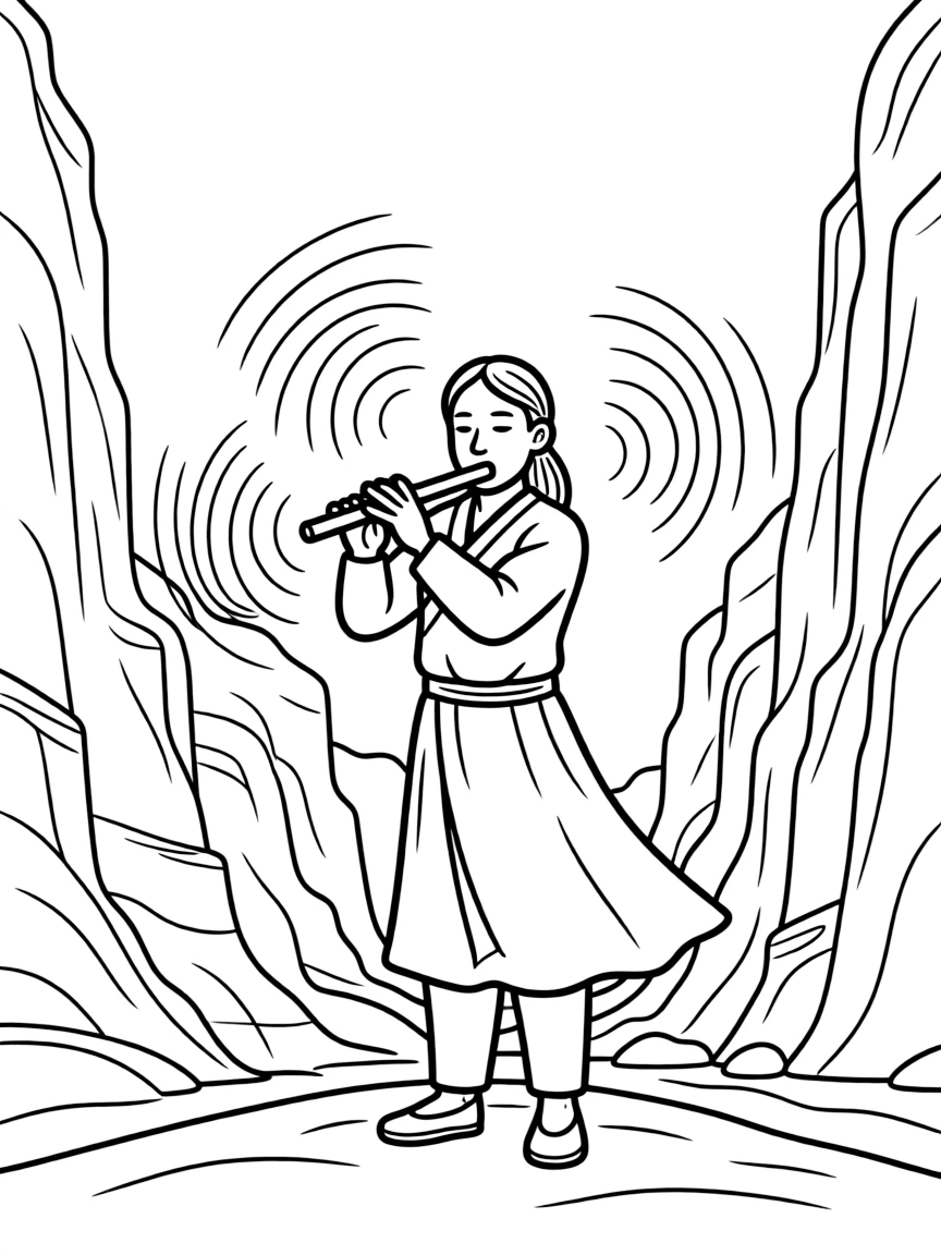 Indigenous flute player in canyon with echo lines