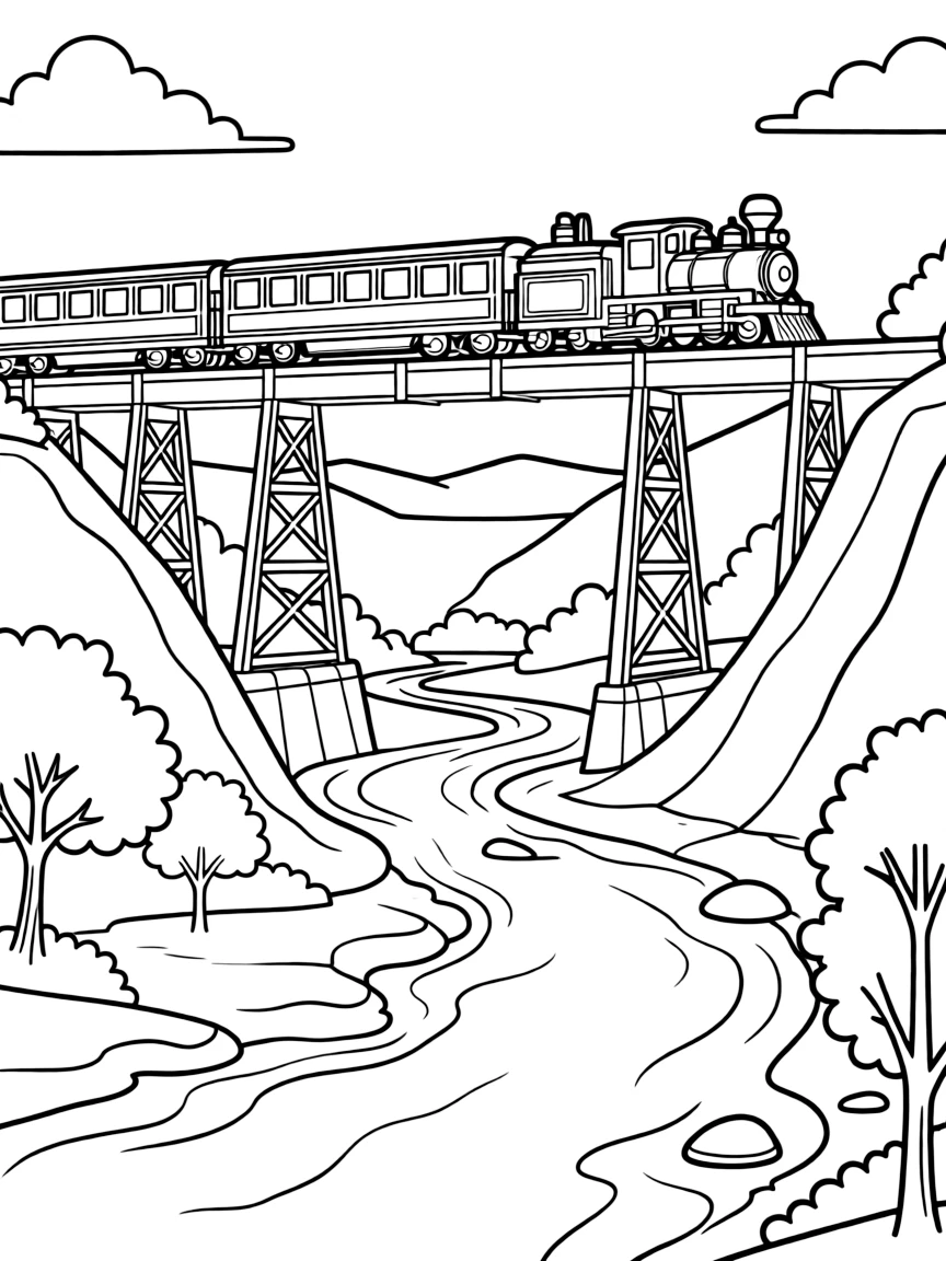 Vintage passenger train crossing a tall trestle bridge over a river canyon