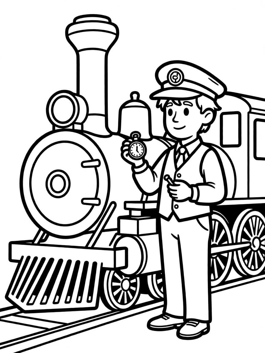 Train conductor checking his pocket watch while standing beside a steam engine