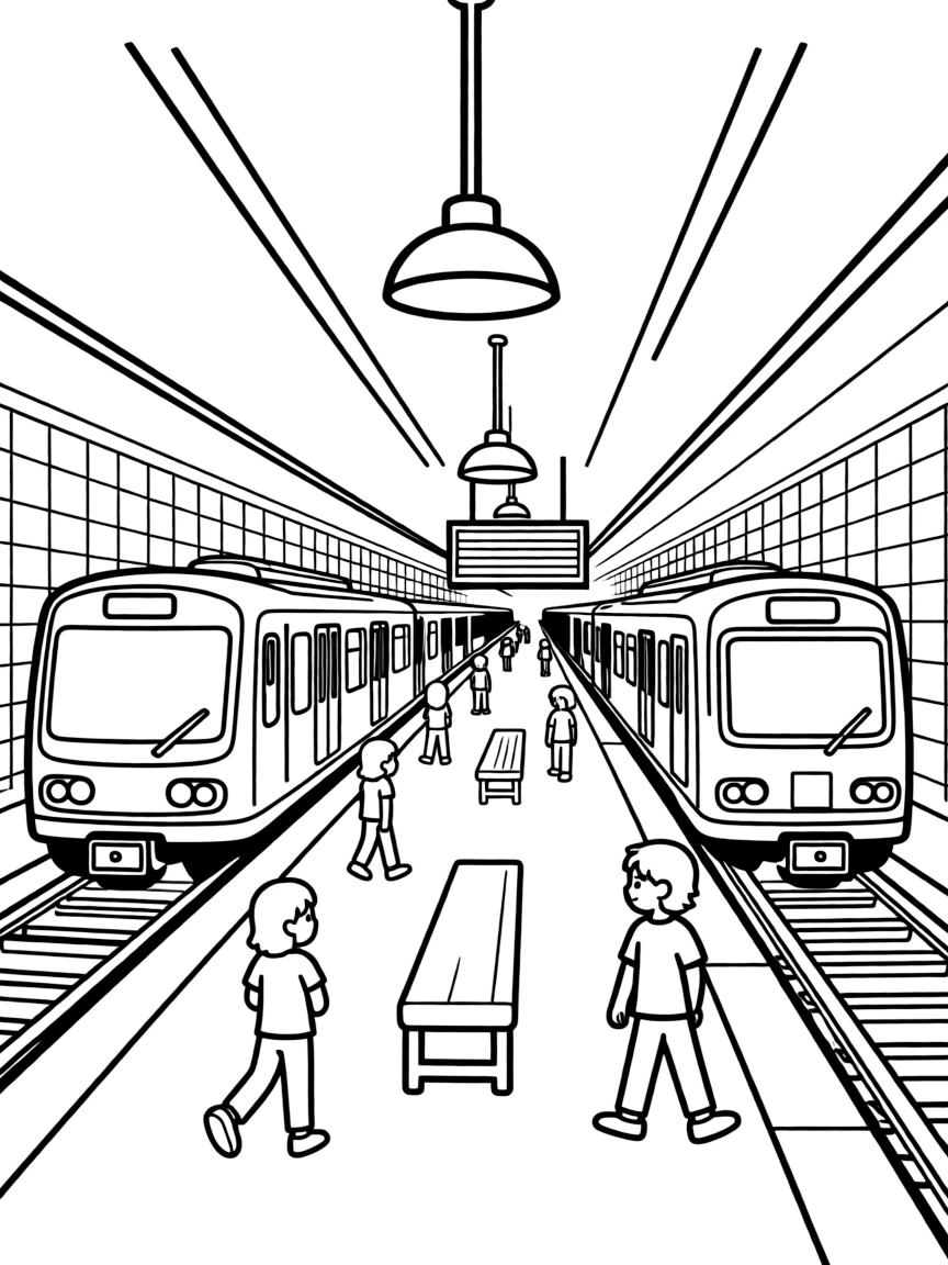 Underground subway station with trains arriving and departing