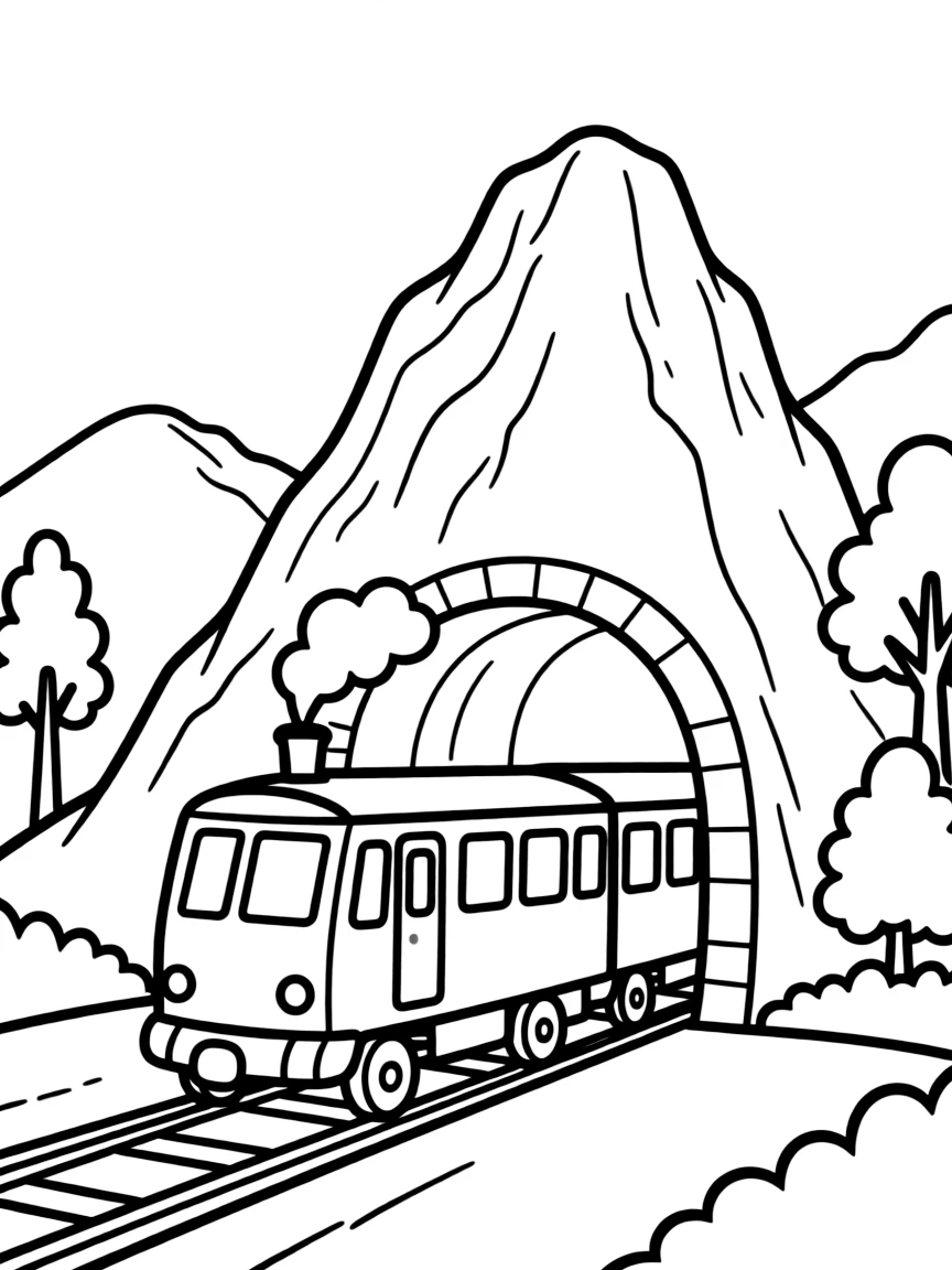 Train traveling through a tunnel carved through a mountain