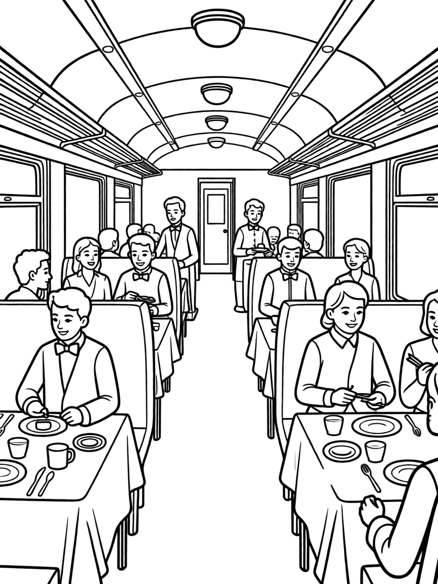 Dining car interior with elegant tables, waiters, and passengers enjoying a meal