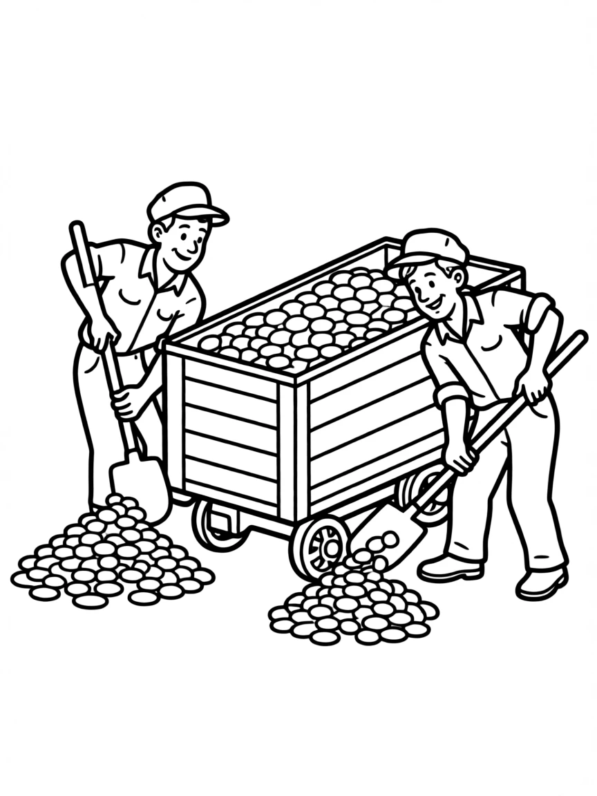 Old-fashioned coal car being loaded by workers with shovels