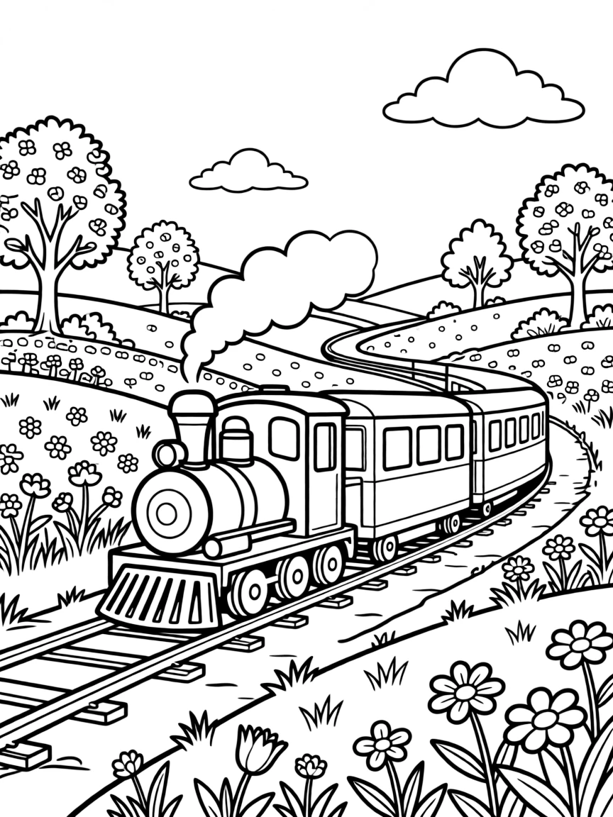 Train passing through a blooming countryside in springtime