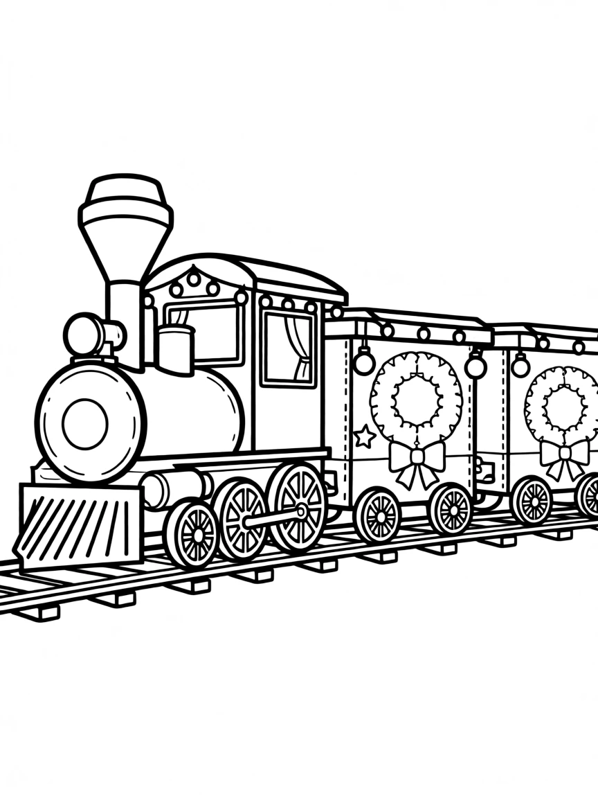 Holiday train decorated with lights, wreaths, and festive ornaments