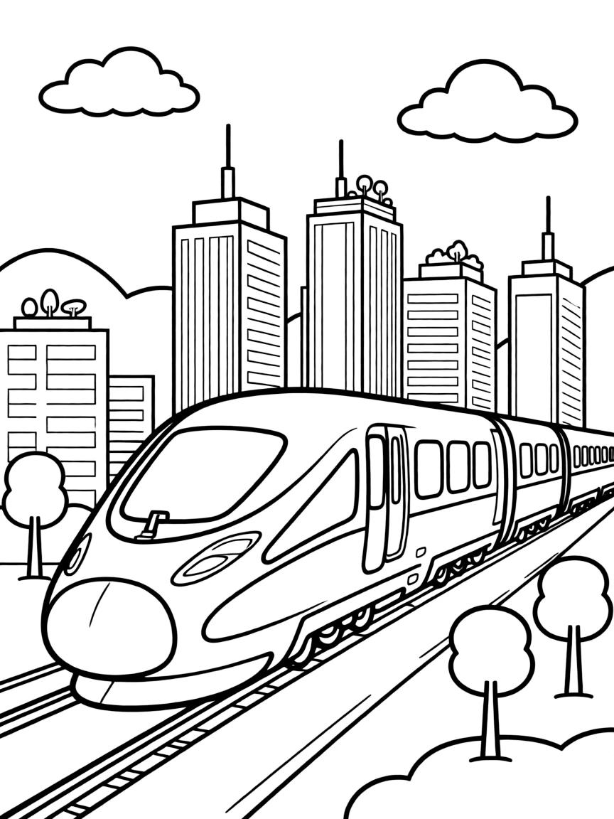 Futuristic high-speed train zooming through a modern cityscape