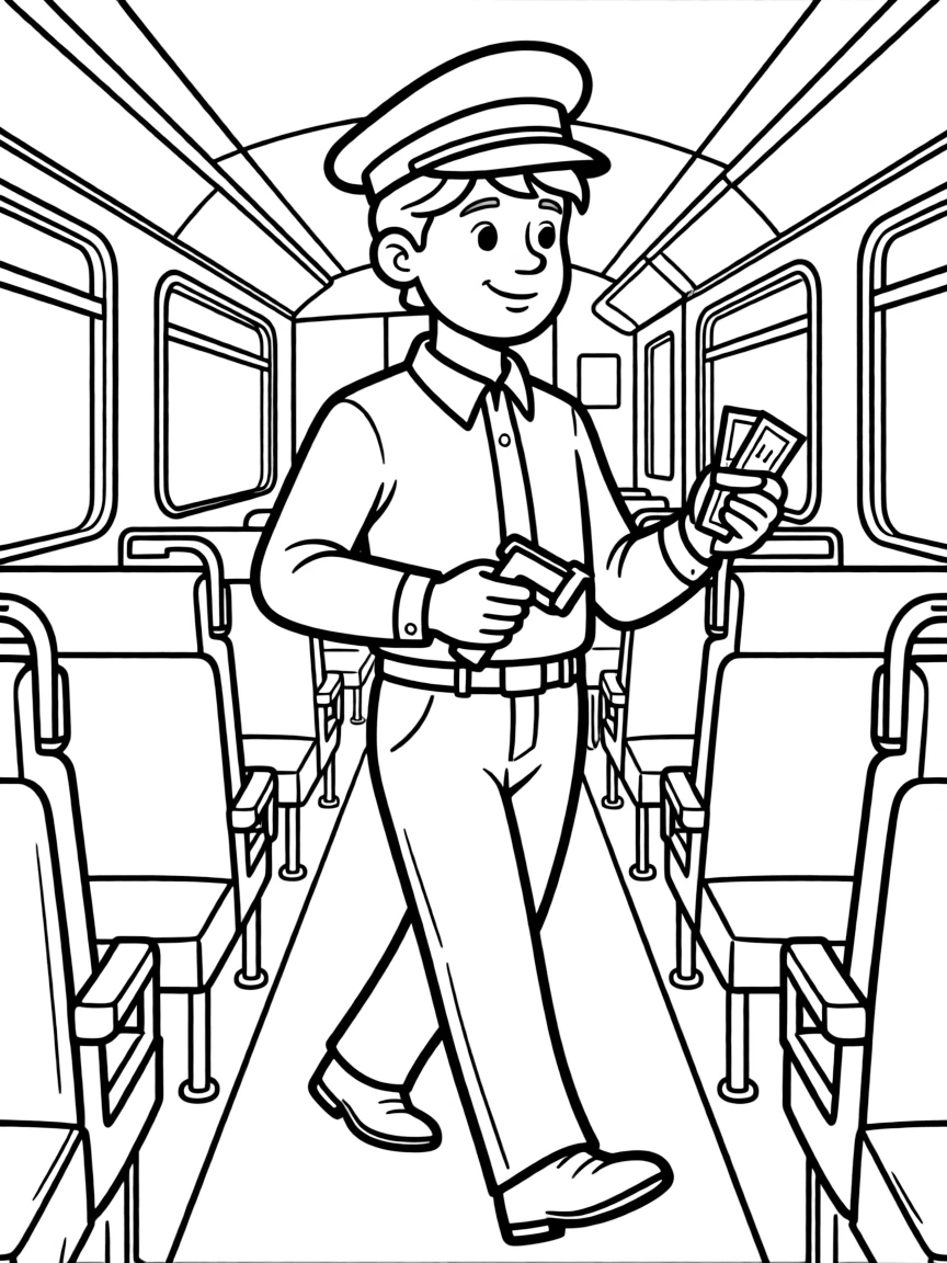 Train conductor punching tickets while walking through a passenger car