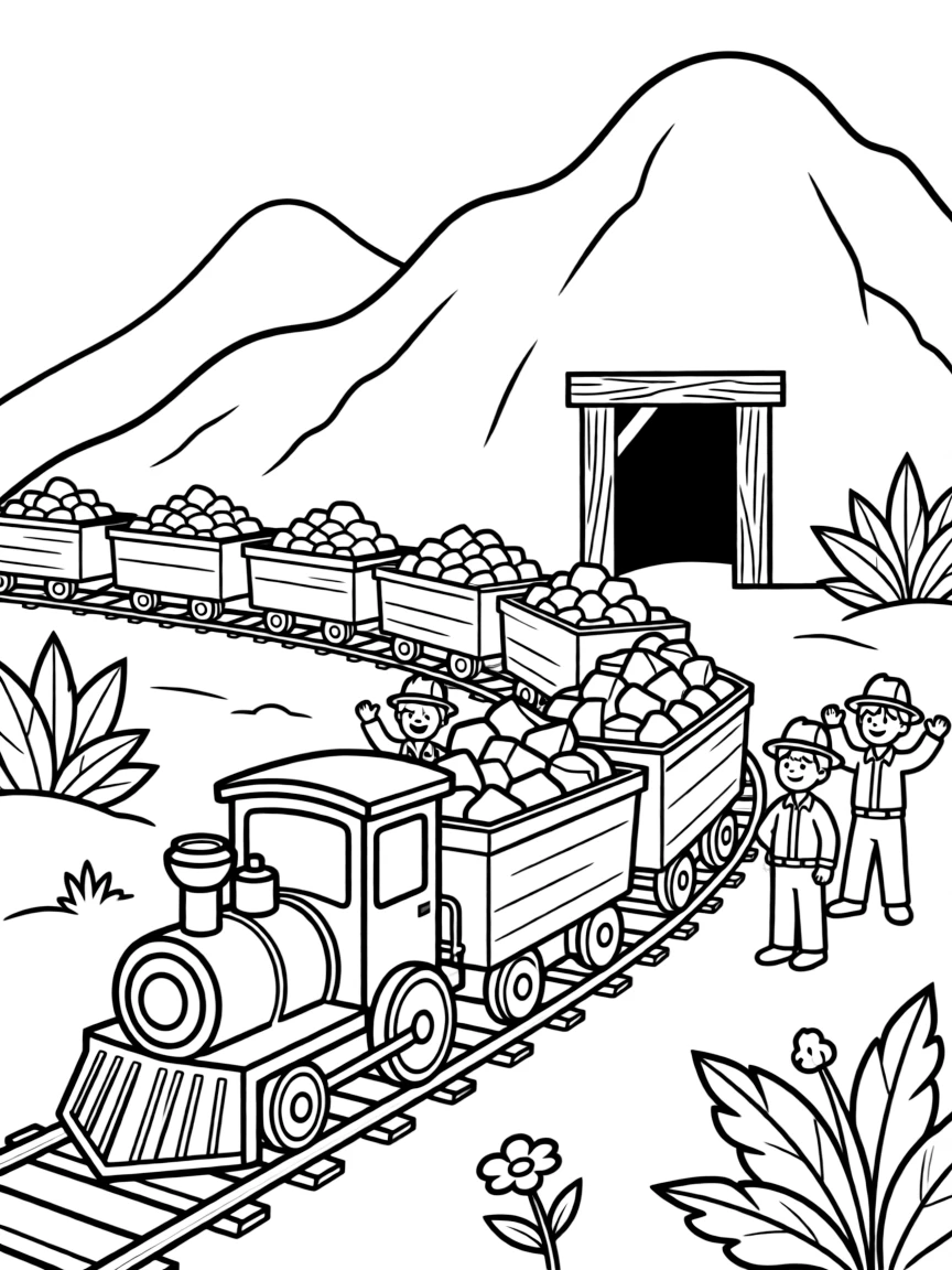 Mining train carrying ore out of a mountain mine