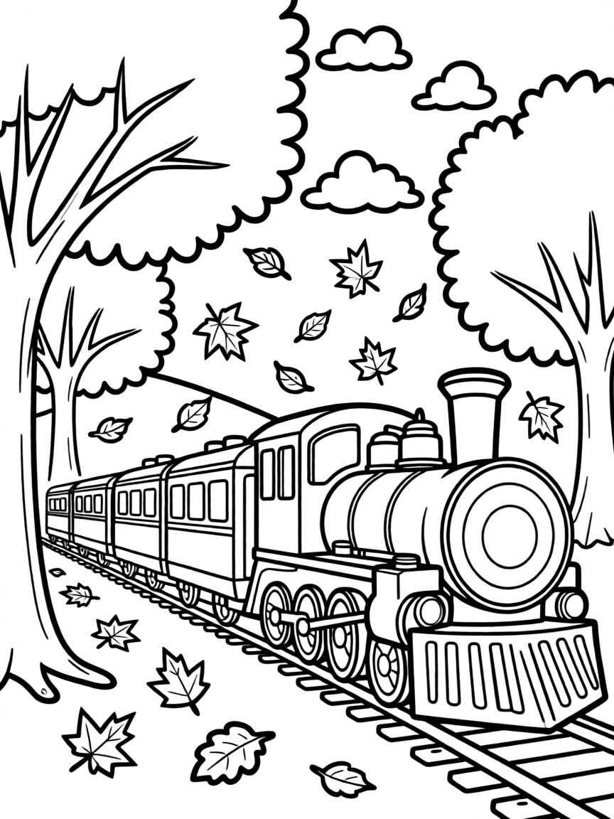 Train passing through autumn scenery with colorful falling leaves