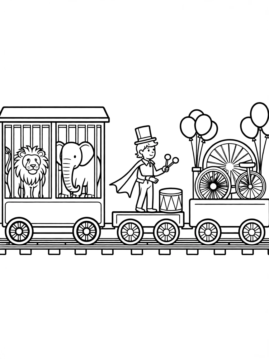 Circus train with specialized cars for animals, performers, and equipment
