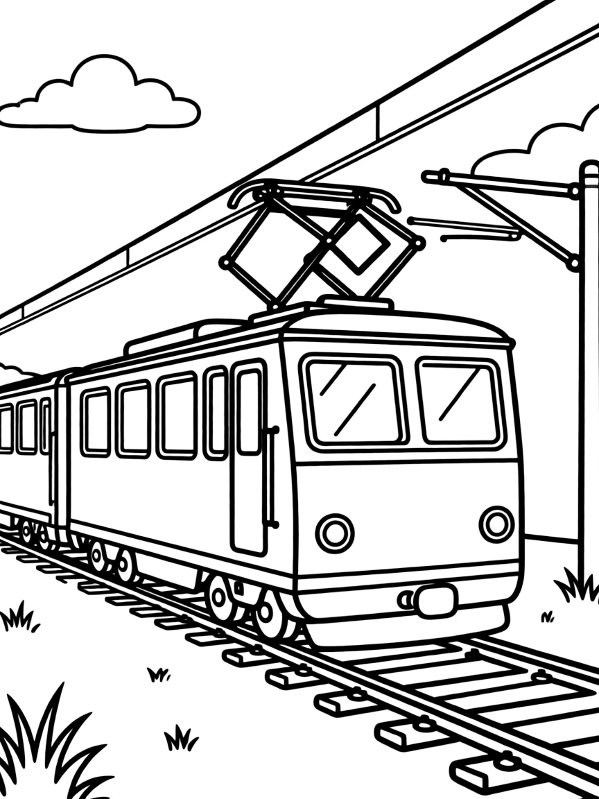 Early electric train with overhead power lines and pantographs