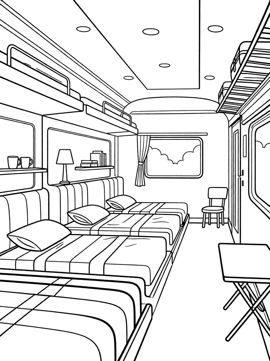 Passenger sleeping car with detailed bunk beds and furnishings