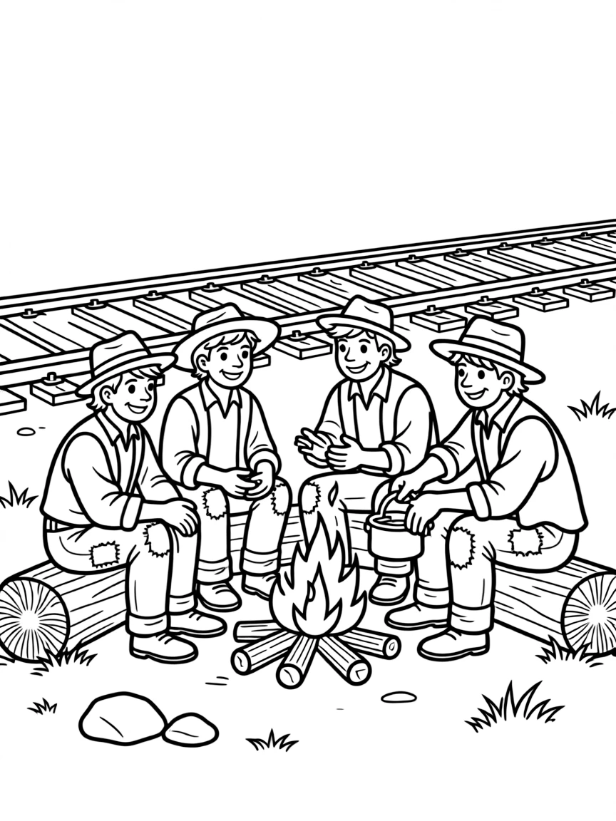 Group of railroad hobos gathered around a fire near the tracks