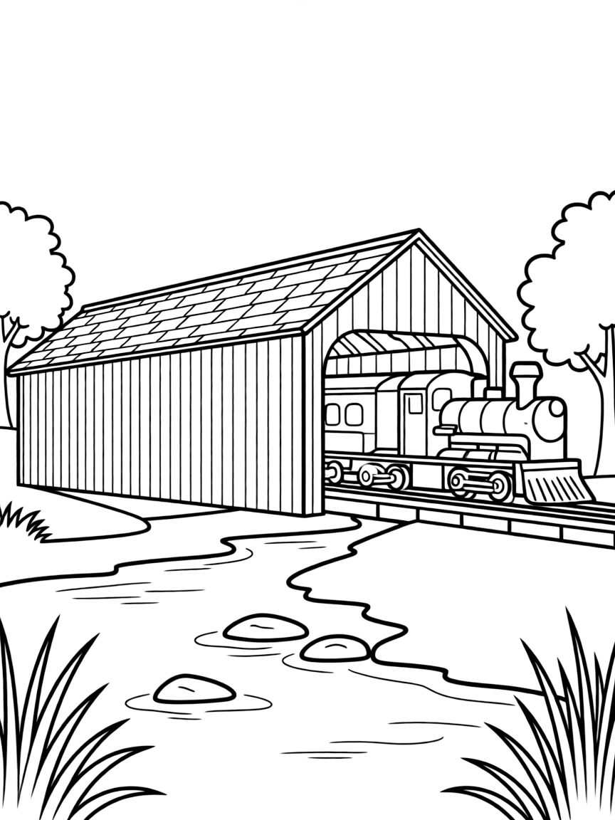 Train passing over a covered bridge spanning a river