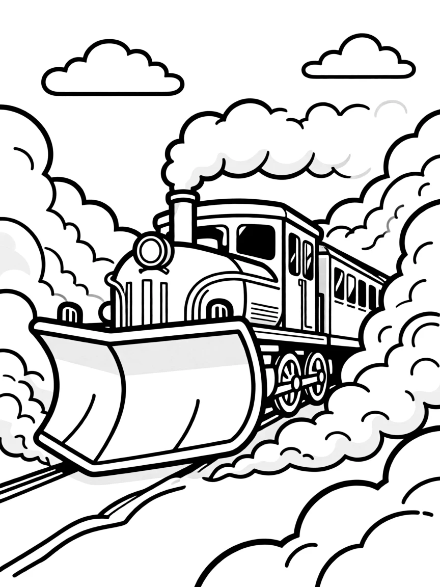 Train breaking through snow drifts with a large snowplow attachment
