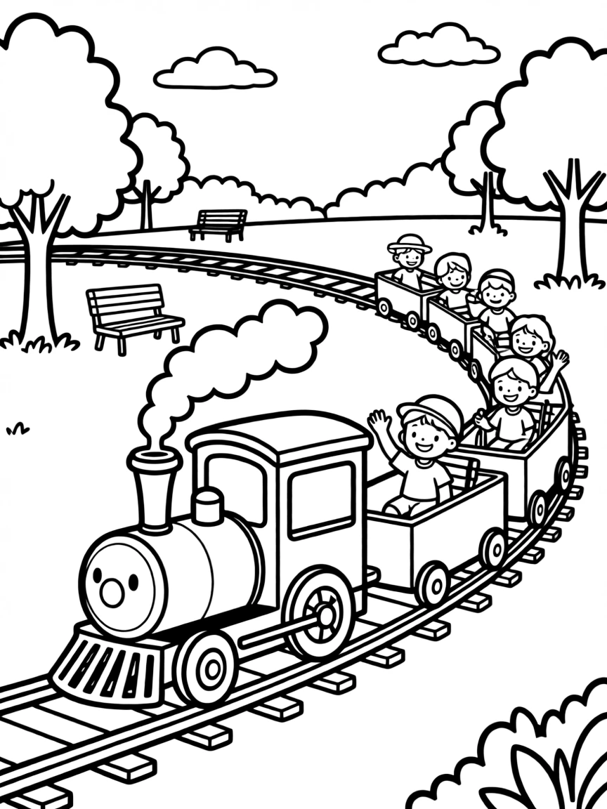 Miniature railway with small steam engine giving rides in a park
