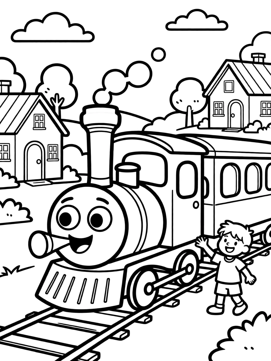 Train whistling as it passes through a small town