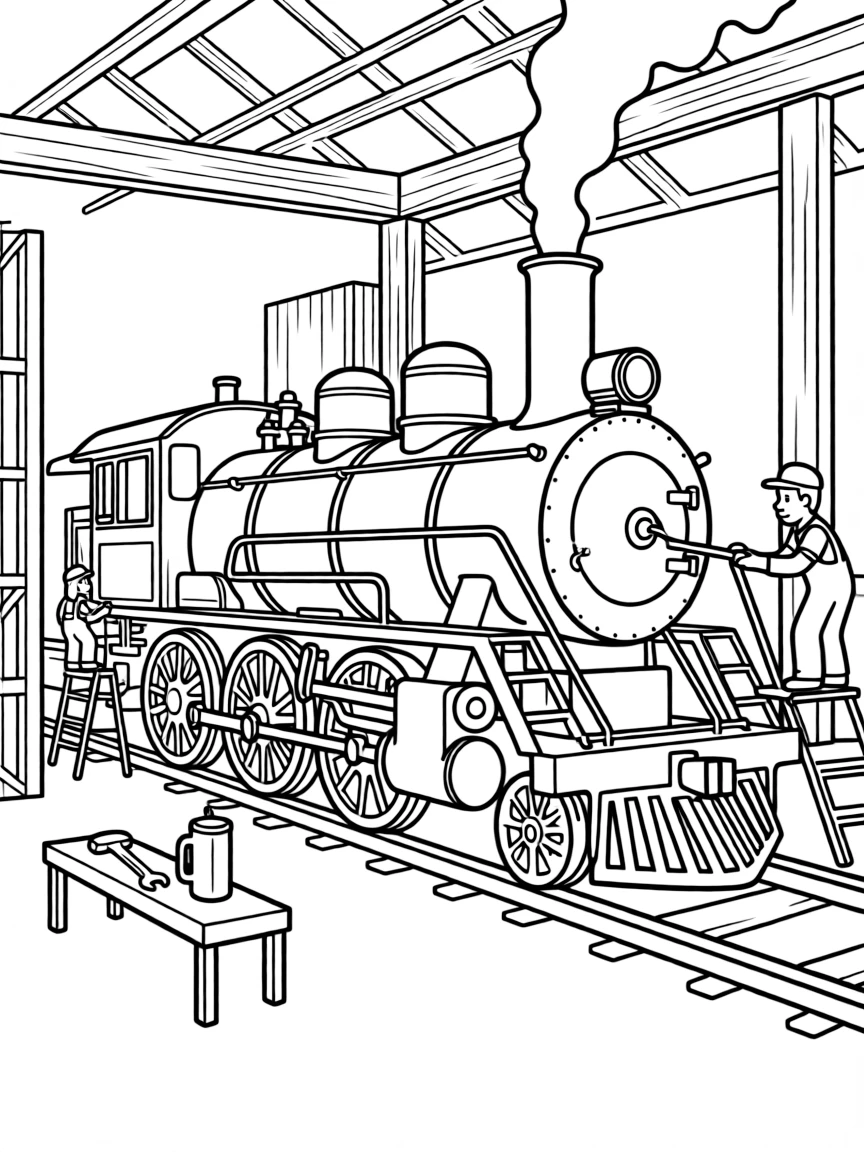 Steam locomotive being serviced in a maintenance shed