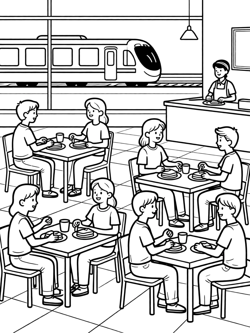Station restaurant with travelers enjoying meals between trains