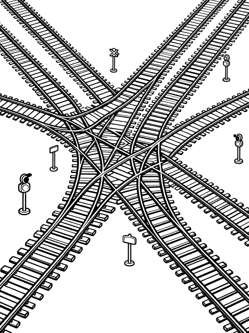 Intricate pattern of railway tracks at a complex junction