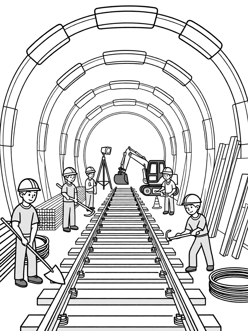 Underground railway tunnel under construction with workers and equipment