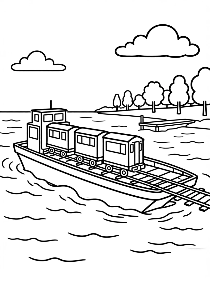 Train ferry carrying railroad cars across a body of water