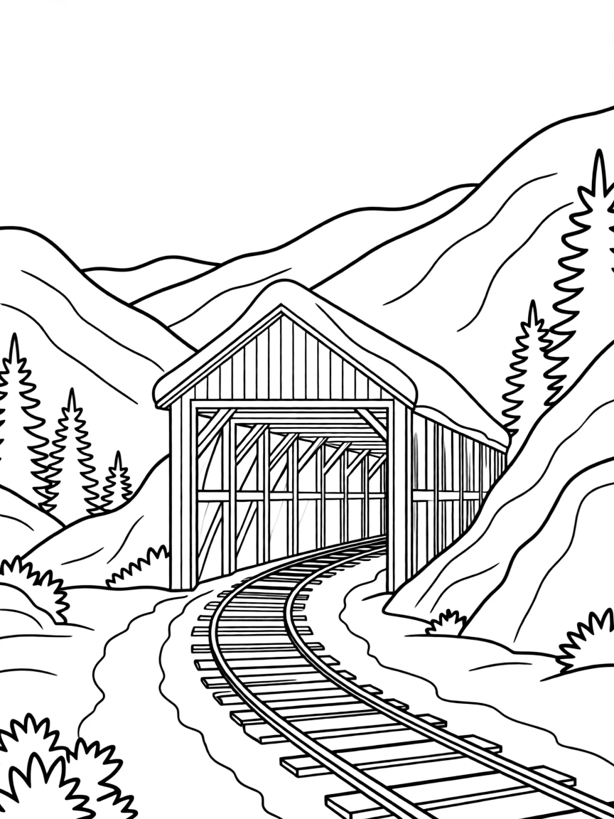 Railroad snow shed protecting tracks through mountain passes