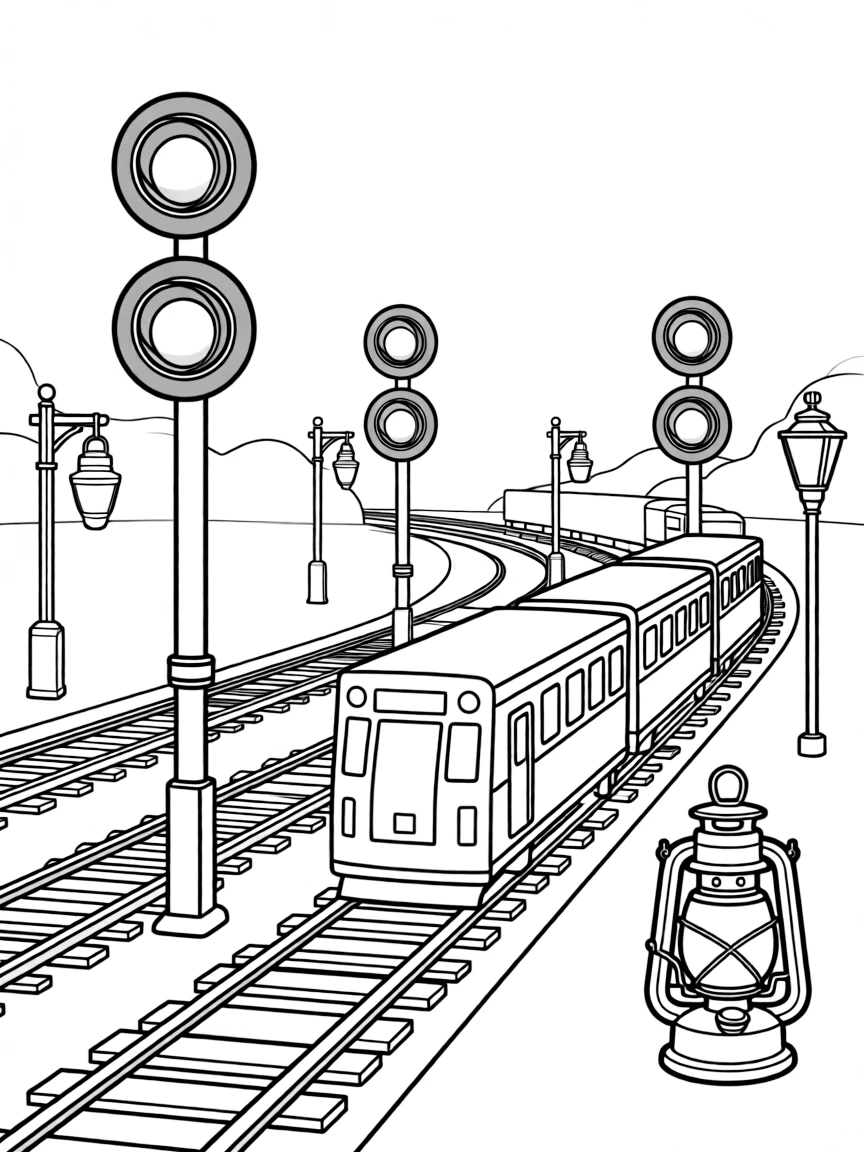 Railyard at night with signal lights and lanterns