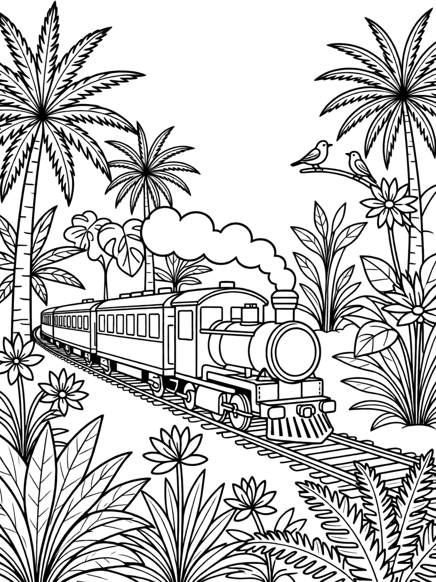 Railway botanical gardens with train passing through exotic plants