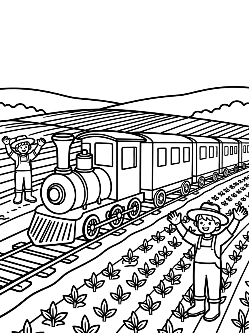 Train passing agricultural fields with farmers waving