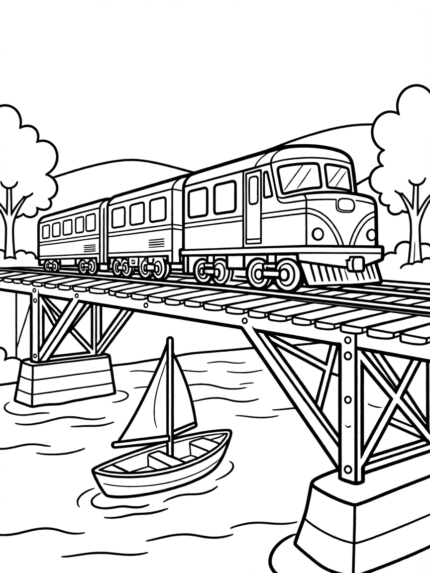 Train passing over a drawbridge as a boat passes underneath