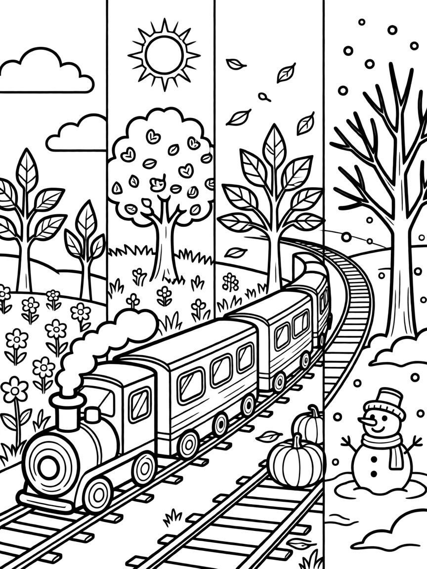 Train journey through all four seasons shown in one panoramic scene