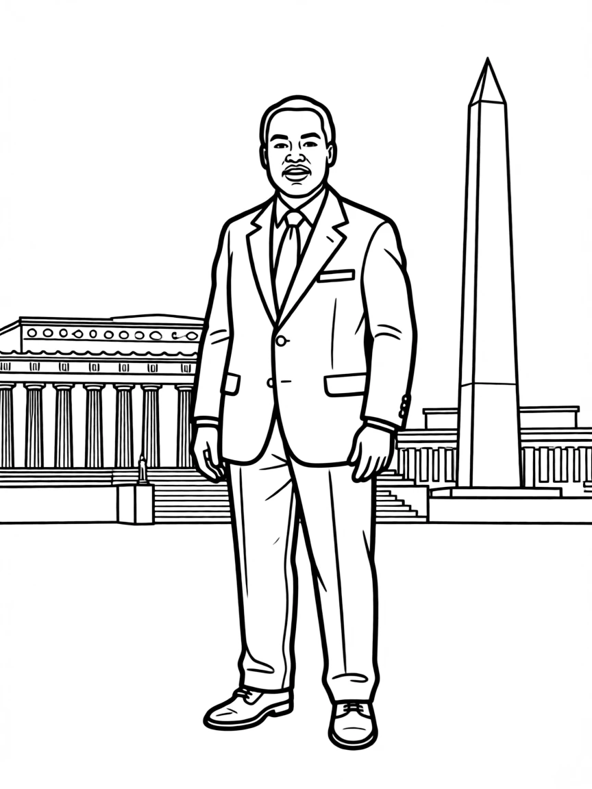 Martin Luther King Jr. standing proudly with historical landmarks in the background, drawn with clear bold lines for coloring.