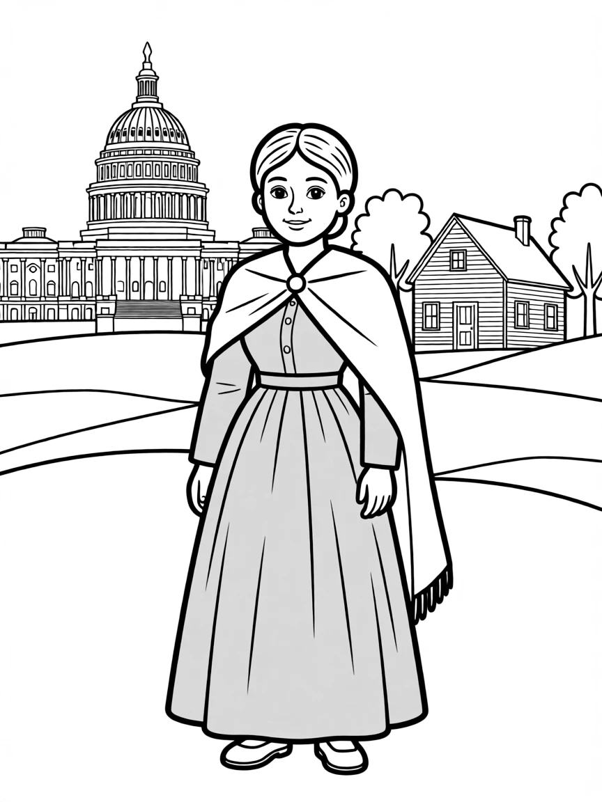 Harriet Tubman standing proudly with historical landmarks in the background, drawn with clear bold lines for coloring.