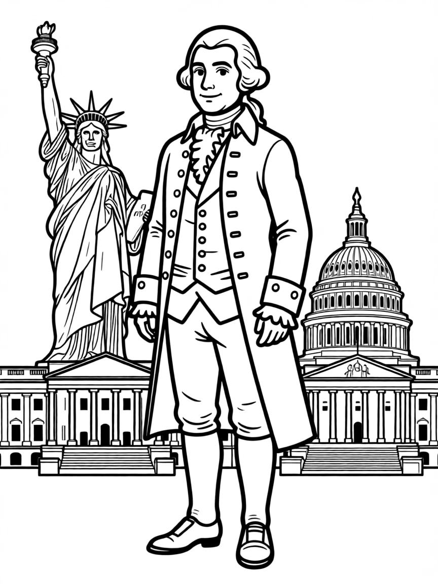 George Washington standing proudly with historical landmarks in the background, drawn with clear bold lines for coloring.