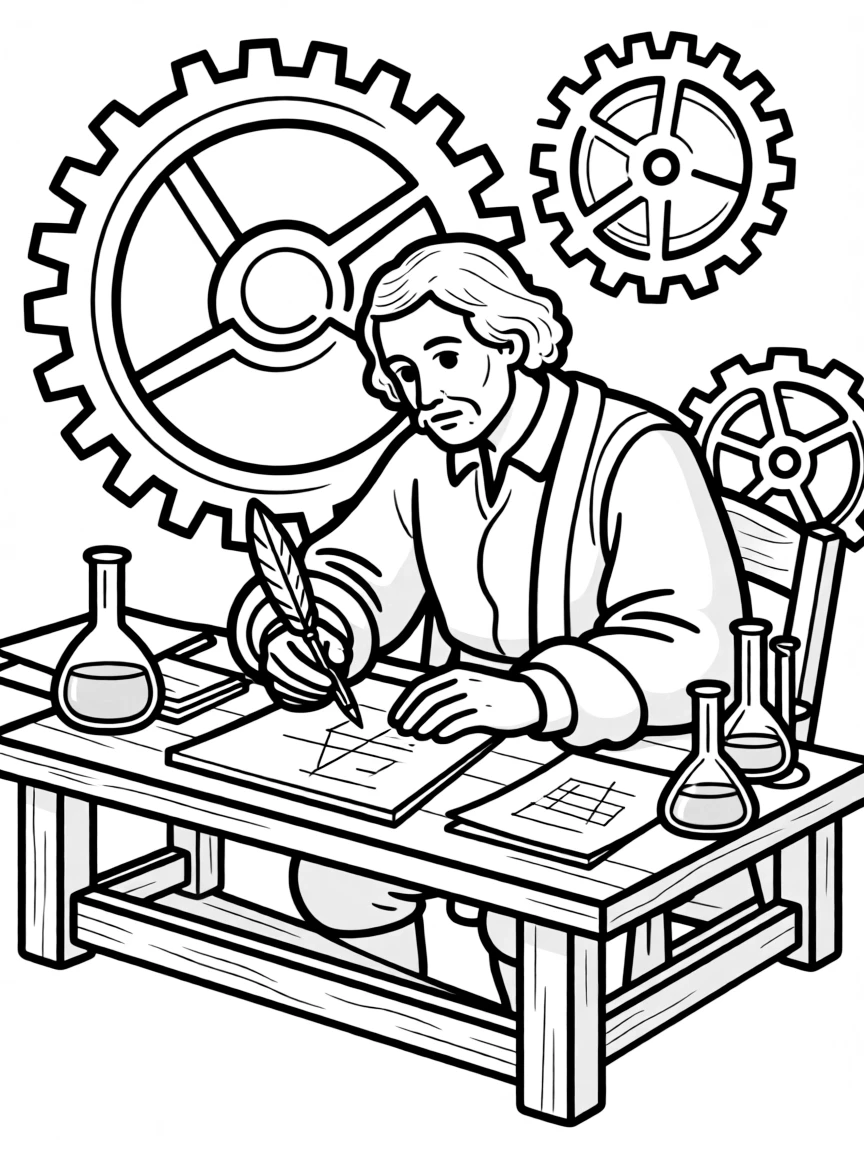 Leonardo da Vinci working on their famous invention or idea, with gears, papers, or lab equipment drawn simply.