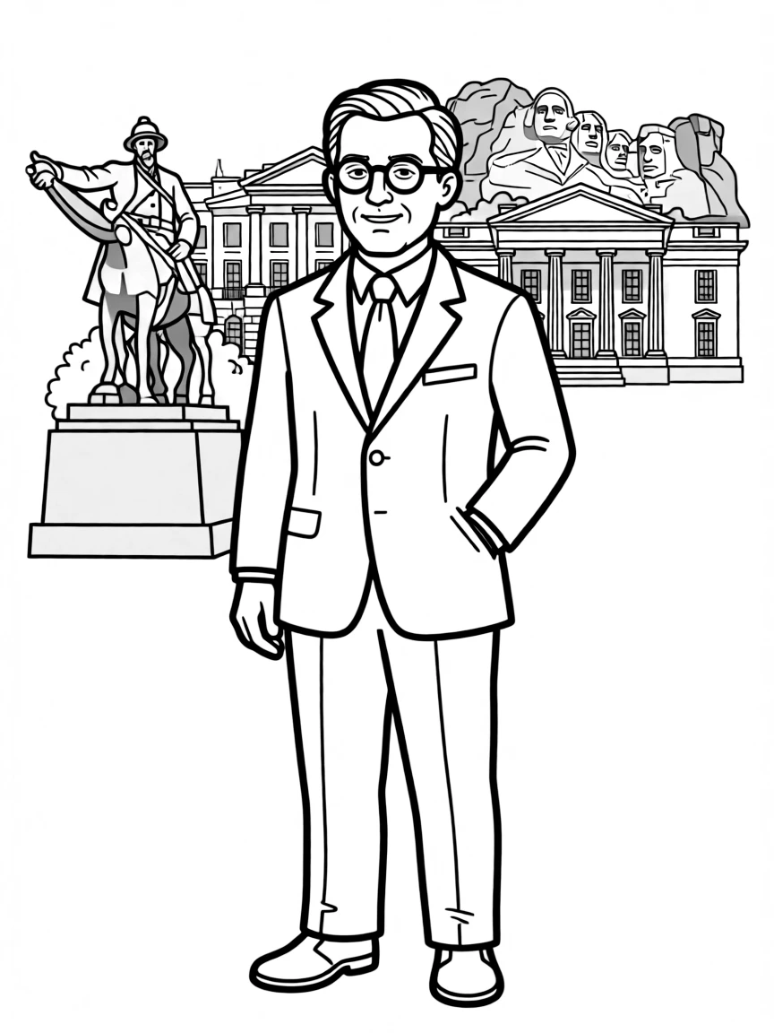Theodore Roosevelt standing proudly with historical landmarks in the background, drawn with clear bold lines for coloring.
