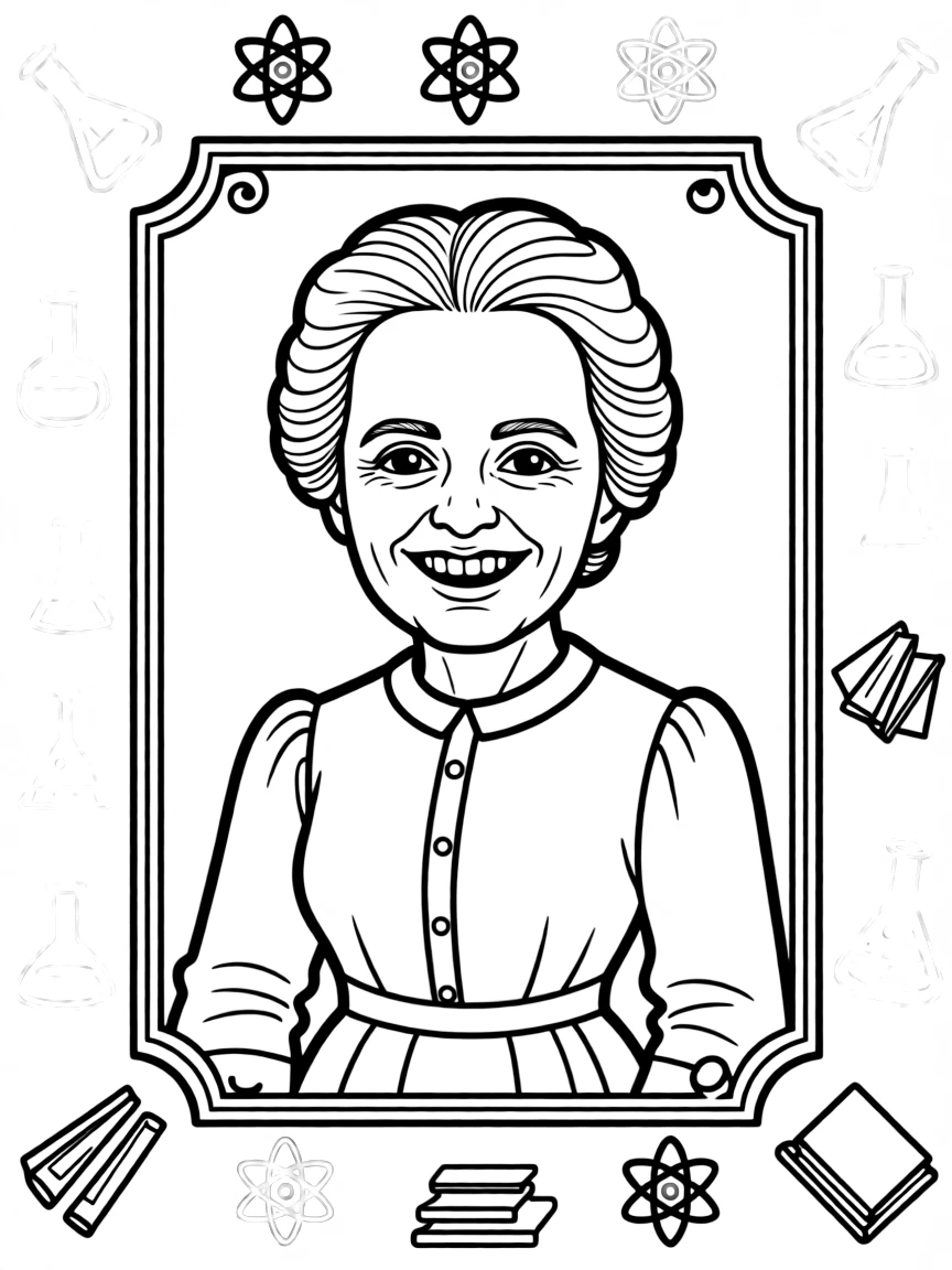 A portrait of Marie Curie with a big smile, framed with decorative borders and symbols of their time period.