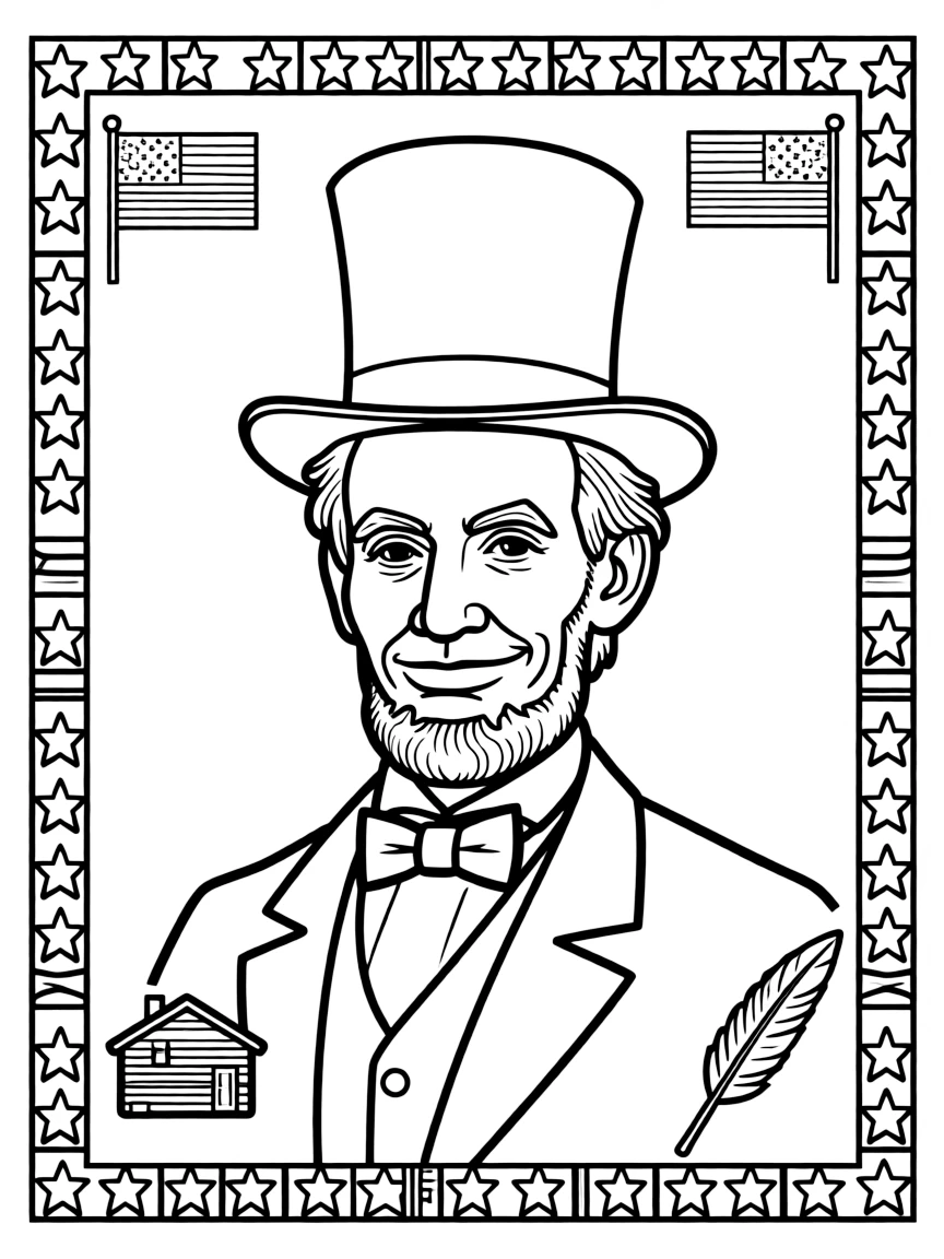 A portrait of Abraham Lincoln with a big smile, framed with decorative borders and symbols of their time period.